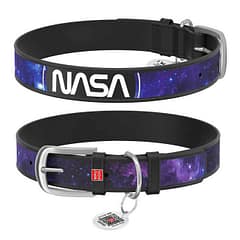 Design genuine leather dog collar with QR passport, "NASA21" design L 19-25 cm black