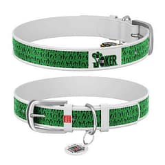Design genuine leather dog collar with QR passport, "Joker" design L 20- 28 cm white