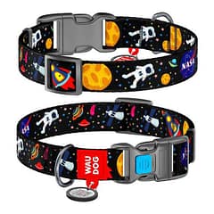 Nylon dog collar with QR passport, "NASA" design, plastic fastex L 24- 40 cm