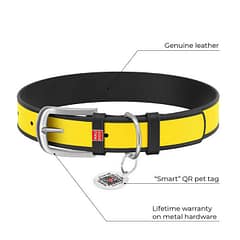 WAUDOG Design genuine leather dog collar with QR passport, "Batman2" design L 18-24 cm black