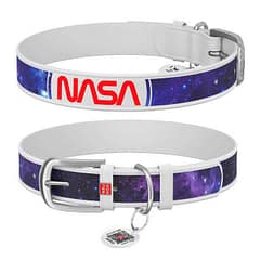 WAUDOG Design genuine leather dog collar with QR passport, "NASA21" design L 19-25 cm white