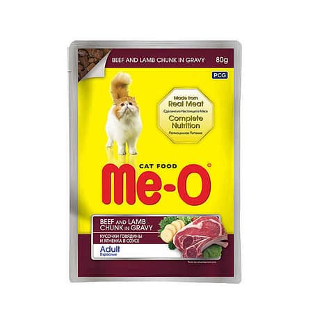 Me-O Pouch Sos İçinde Parça Dana Etli & Kuzu Etli Kedi Yaş Mama 80 gr (12 adet)