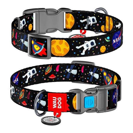 Nylon dog collar with QR passport, "NASA" design, plastic fastex L 24- 40 cm