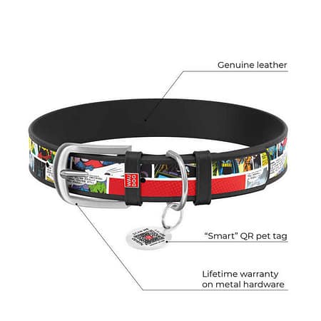 WAUDOG Design genuine leather dog collar with QR passport, "Batman1" design L 29-38 cm black