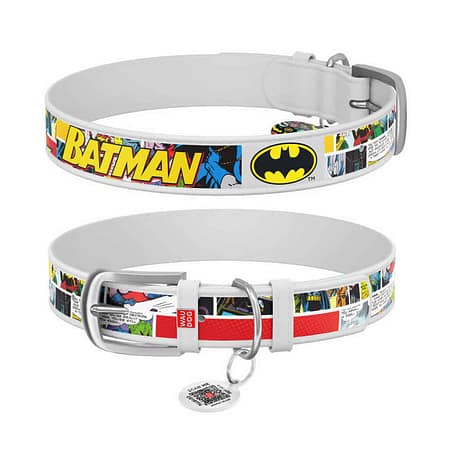 WAUDOG Design genuine leather dog collar with QR passport, "Batman1" design,L 26-35 cm white