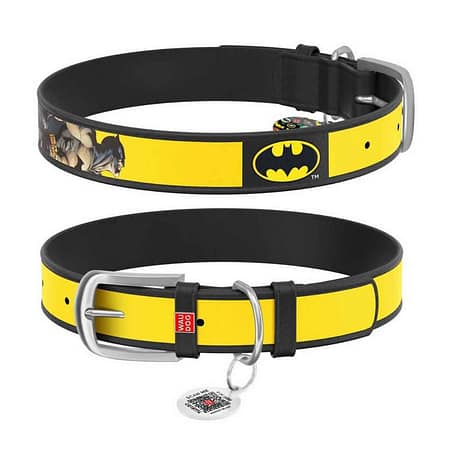 Design genuine leather dog collar with QR passport, "Batman2" design L 26-35 cm black
